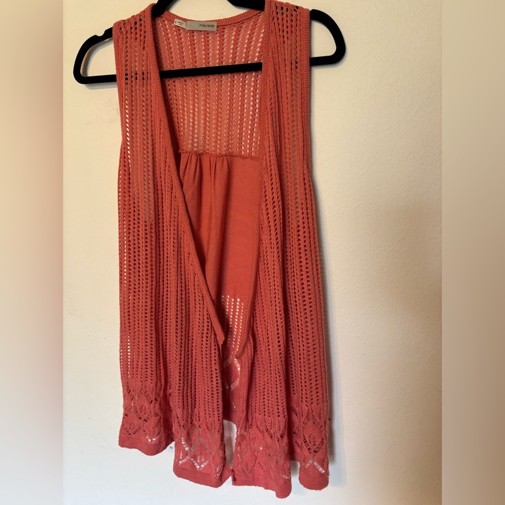 Maurices Coral Crochet Open Knit Vest Size 0X Plus Boho Sleeveless Cardigan